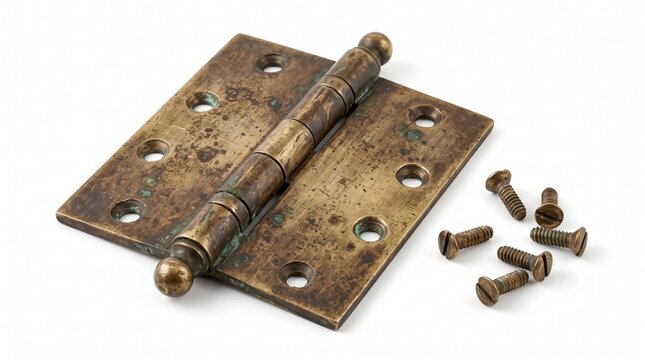 Rusted brass door hinge with screws for vintage industrial repair