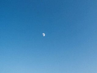 Fototapeta premium Small crescent moon hangs in clear blue sky. Minimalist bright day sky with tiny lunar phase. Vast empty space for copy. Calm atmosphere, serene nature background. Simple celestial view with huge