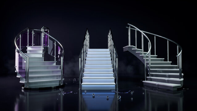Three different styles of staircases with glass railings and white steps, illuminated against a dark background, with scattered reflective particles
