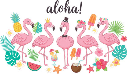 Cute pink flamingo characters with tropical monstera leaves pineapple watermelon cocktail ice cream and handwritten aloha text vector background © benojir