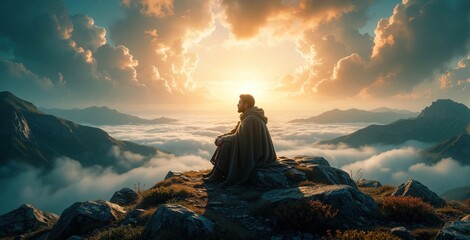 Fototapeta premium Solitary man sits on mountain rock peak overlooking sea of clouds. Golden sunset sky with dramatic clouds creates spiritual atmosphere. Lone traveler contemplates life in vast landscape. Peaceful