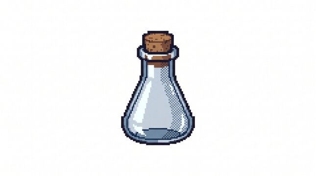 16-bit pixel art illustration of a simple empty glass bottle game item isolated on white.
