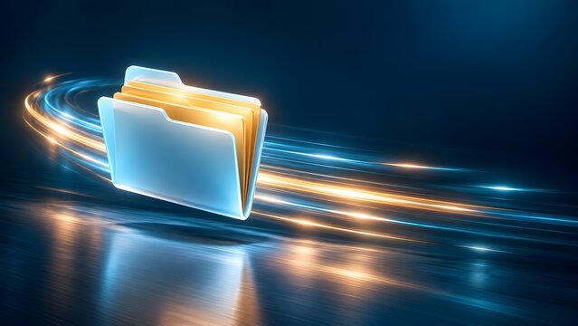 Glowing digital folder moving with high speed light trails representing secure cloud storage and fast file migration