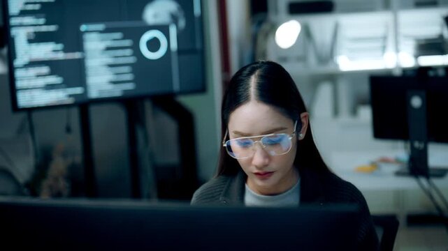A woman working at a computer shows concentration in a dim office, her glasses reflecting the foreground display as she changes her gaze across the computer screen in a tight upper-body portrait.