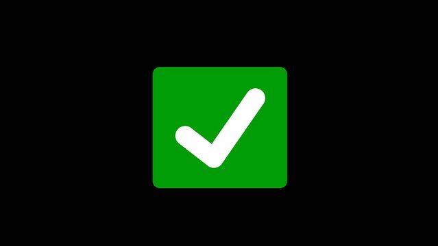 Green square check mark symbol glowing on dark background signifying verified approval and task completion