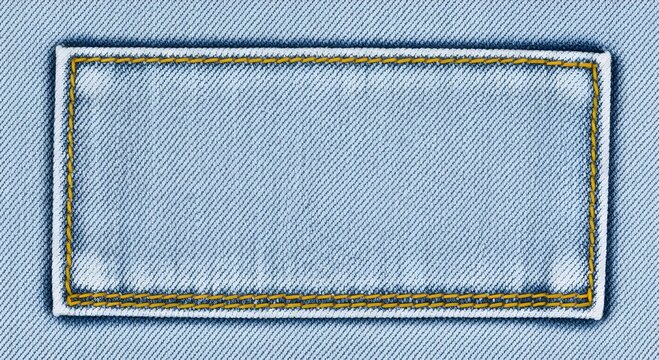Blank denim clothing label tag with yellow stitching sewing details on textured blue cotton fabric background