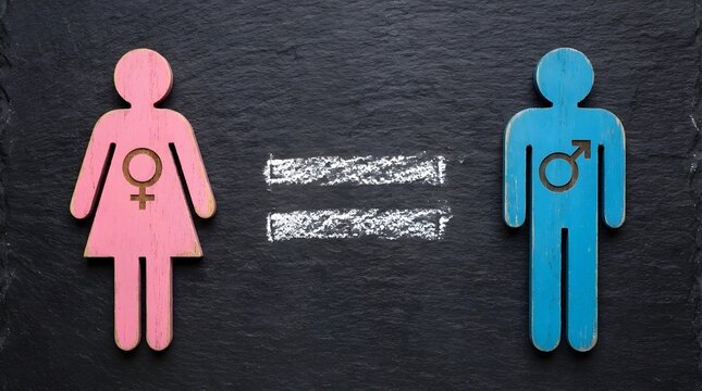 Gender equality concept featuring pink female symbol and blue male icon separated by chalk written sign