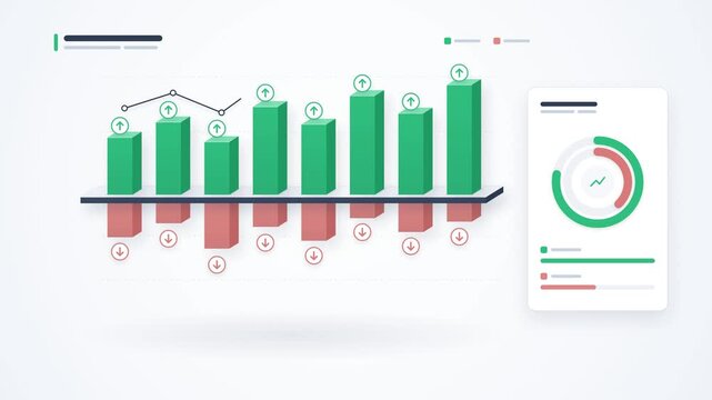Clean corporate infographic animation comparing profit and loss with green and red 3D bar charts growing from a central axis on white background, seamless loop