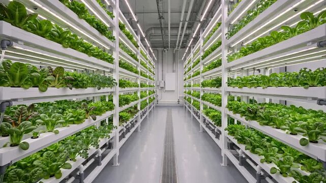 Symmetrical corridor between hydroponic growing racks in a modern indoor vertical farm