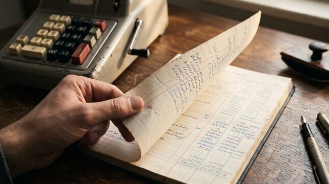 Hand Turning Page of Vintage Ledger with Antique Adding Machine on Wooden Desk