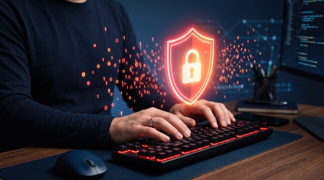 Cyber security concept showing glowing digital shield with padlock symbol protecting against cyber threats, binary code background