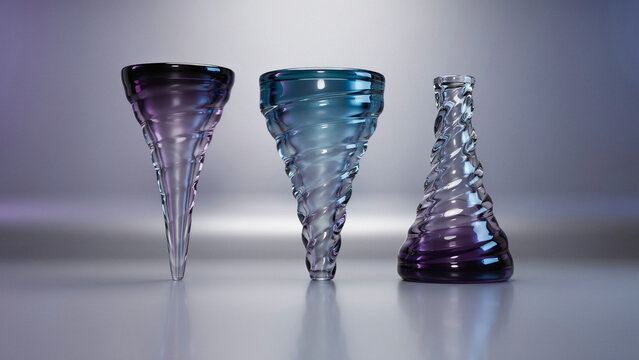 Three glass vases with spiral, twisted, and conical shapes in purple and blue gradients, displayed on a smooth reflective surface