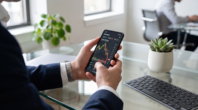 Financial trader analyzing stock market trends and cryptocurrency charts on smartphone screen at desk, monitoring live trading data and portfolio performance updates., 165 chars