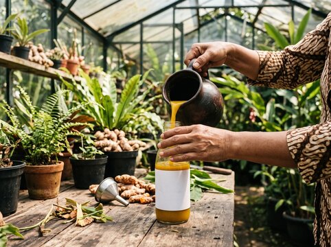 Woman pouring turmeric jamu from clay jug into bottle in greenhouse