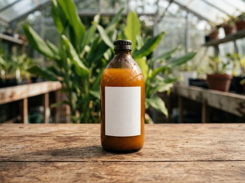Single amber bottle of jamu with blank label on wood table in greenhouse