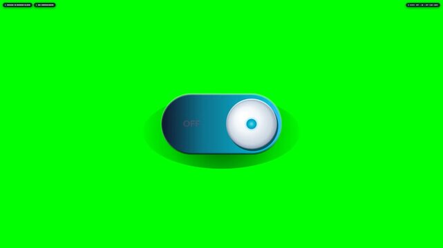 3D realistic UI toggle switch and power button animating kinetic ON and OFF transitions with haptic clicks, neon energy glow, and particle sparks on greenscreen 10s seamless 4K stock video overlay.