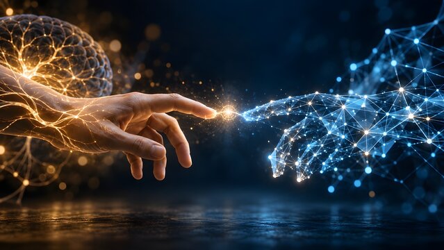 Human hands touching with cosmic and neural network background