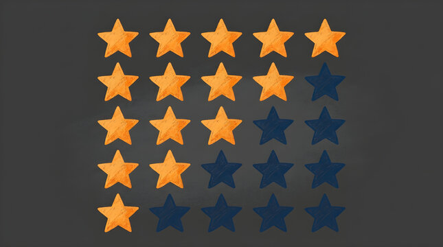 Rating stars grid pattern showing mixed customer feedback satisfaction levels with orange and blue chalk drawing on chalkboard background
