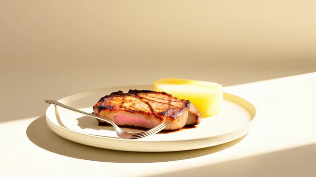 Minimalist Brazilian Picanha with Farofa on a Flat White Plate