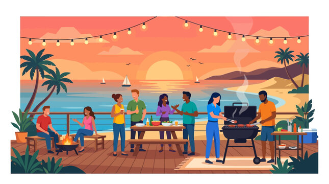 A diverse group of friends gathers for an outdoor barbecue party on a wooden deck overlooking the ocean during a vibrant sunset.