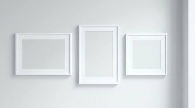 Photo picture frames on wall, vector white mockups or empty posters. Empty photo frames mockups for pictures or photograph, realistic 3D blank templates