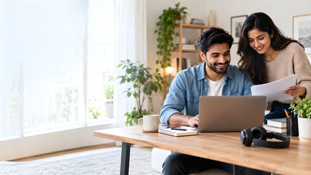 Two professionals collaborating on laptop in modern office workspace