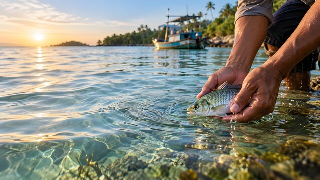 Person relaxing feet in shallow tropical ocean water during sunset