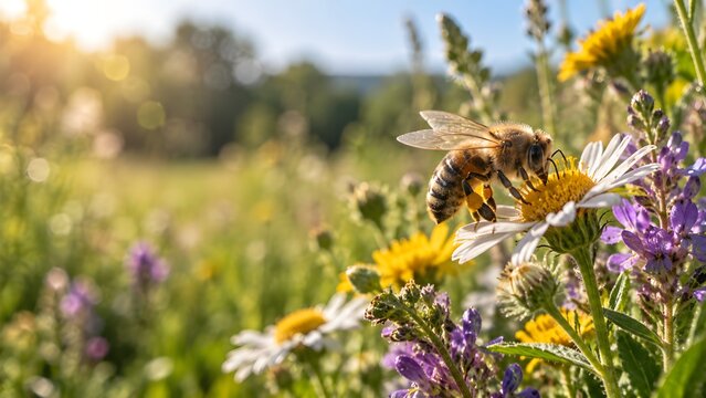 Busy bee collecting nectar from colorful wildflowers in a sunny meadow