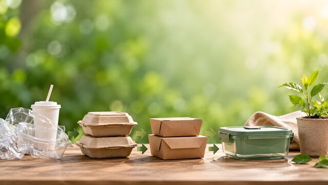 Eco-friendly takeout containers and reusable drink cup on rustic wooden table with green outdoor background