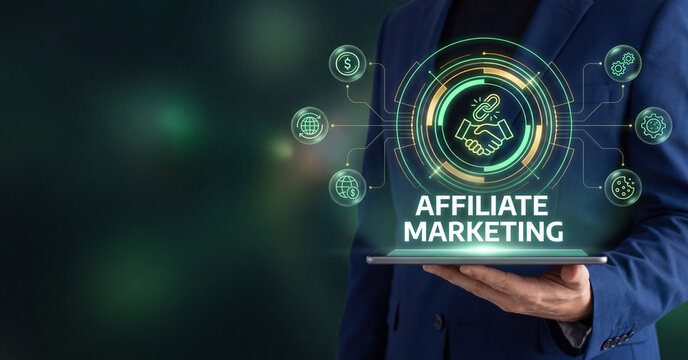 Affiliate marketing digital concept with businessman holding tablet