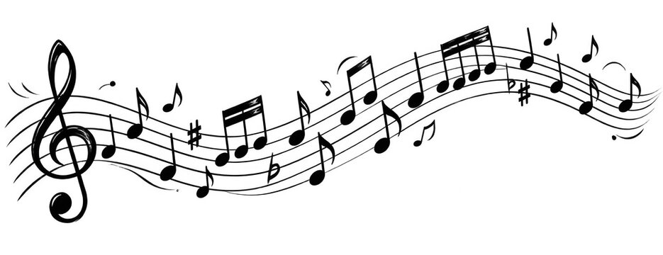 Musical Symphony Notes Winding Flow: Elegant musical notes dance across the staff lines, illustrating a flowing melody with dynamic rhythms and a treble clef at its start.
