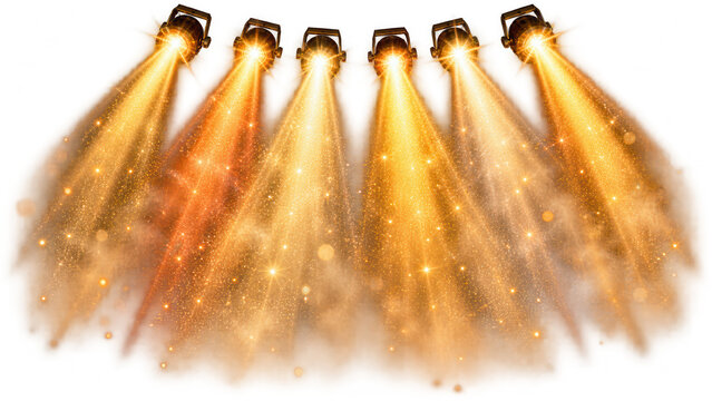 Spotlight Illumination: A dynamic array of stage spotlights casts warm, golden beams across a dark expanse, creating a dramatic and festive ambiance with sparkling particles.