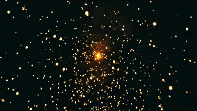 Vibrant yellow sparks exploding outward in a brilliant burst of light creating dynamic motion video footage with glowing particles spreading across dark background during celebration