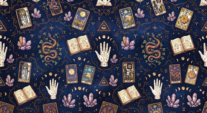 Mystical Halloween seamless pattern featuring tarot cards, crystal clusters, magical books, palmistry hands, and celestial astrology signs on a dark blue background.