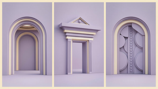 Three minimalist archway in pastel purple and cream, featuring classic columns, pediments, and geometric circular patterns on the door surface