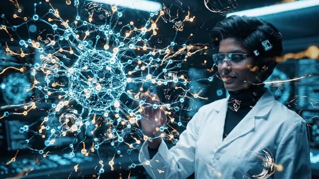 Scientist Observing Energetic Network Waves in Modern Laboratory Setting