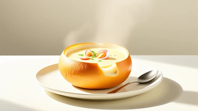 Minimalist Clam Chowder in a Bread Bowl on a Flat White Plate