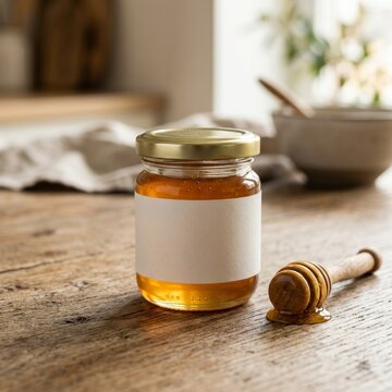 Honey jar with a blank label rests on a rustic wooden table alongside a wooden dipper in a warm kitchen.