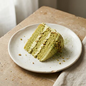 Matcha layer cake slice sits served on a rustic ceramic plate beside a textured linen cloth.