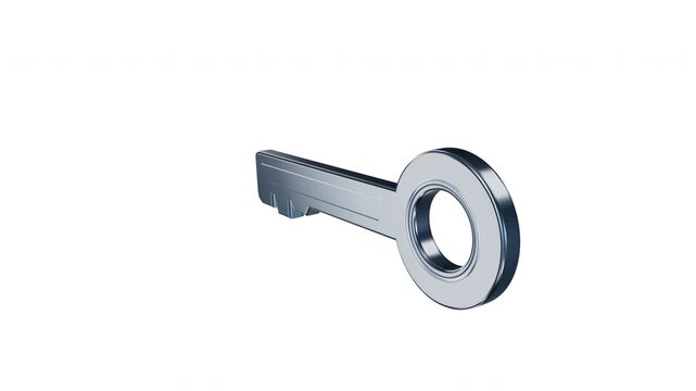 Realistic Floating Silver Key Rotating on Transparent Background (alpha chanel)