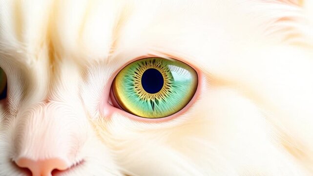 Extreme macro photorealistic footage of a cute Persian cat's eye, brilliant jade-green iris
