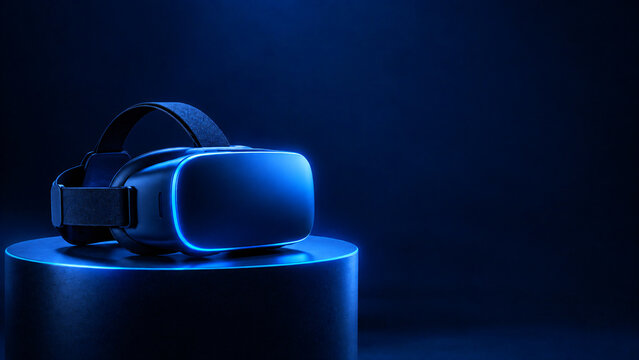 Virtual reality headset glowing blue on illuminated pedestal against dark navy background, immersive VR technology concept