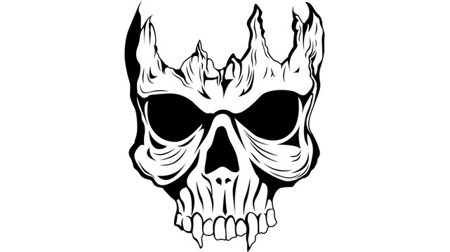 Aggressive flaming evil skull vector illustration with sharp teeth and dark shadowy features.