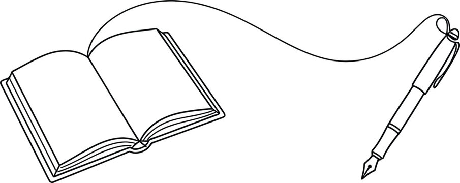 An open book and fountain pen are depicted in a continuous line drawing style on a white background openbook fountainpen
