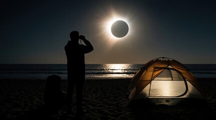 Fototapeta premium Silhouette of man watching total solar eclipse from beach at night. Person stands near camping tent on sand, observing rare celestial event. Glowing sun corona shines over dark ocean waves during