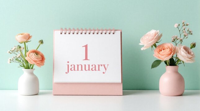 Desk calendar shows 1 january on white paper. Pastel mint background with pink, white vases holding peach flowers. Minimalist aesthetic decor for new year start, planner organization, seasonal spring