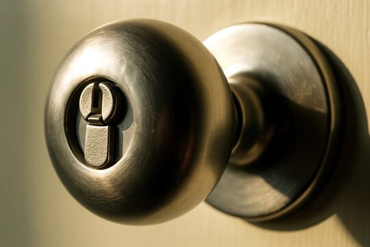 Close up of silver metal door knob with keyhole on wooden door. Secure lock mechanism protects home entrance. Modern interior hardware detail for apartment or house safety and access control.