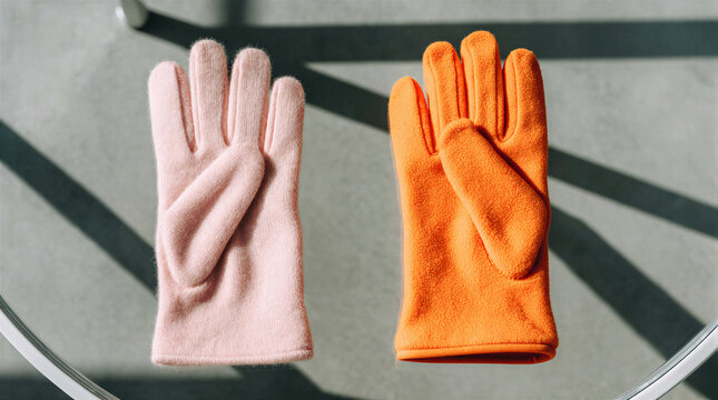 Cashmere glove, soft pale pink glove resting flat on smooth glass table beside utilitarian bright orange glove