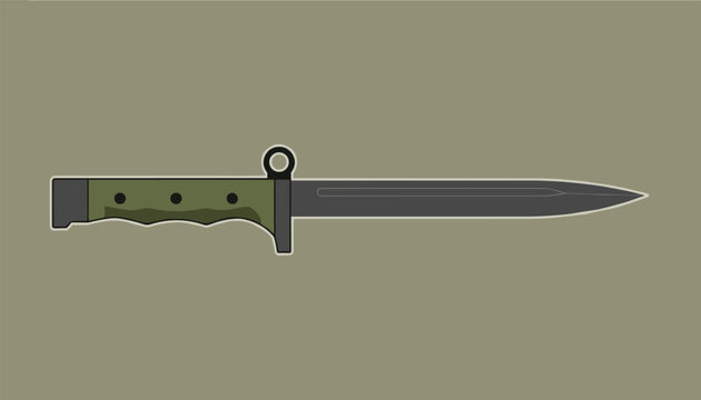 Military combat knife or bayonet with a sharp dark steel blade and olive green textured handle on solid background.