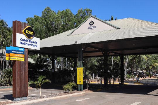 Broome, Western Australia, Australia - September 9 2026: Entrance, reception gatehouse of famous RAC Cable Beach Holiday Park. Modern facilities, welcoming, tropical resort